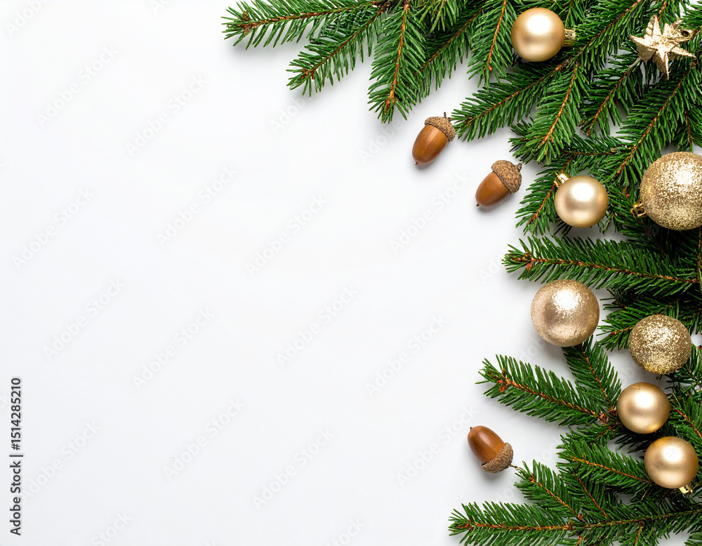 Fir branches with acorns arranged on a white surface with ample space for text – natural autumn decoration, seasonal foliage composition perfect for holiday design, greeting cards, and festive backgro Fir branches with acorns arranged on a white surface with ample space for text – natural autumn decoration, seasonal foliage composition perfect for holiday design, greeting cards, and festive backgro