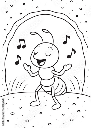 Coloring book ant sings with musical notes floating around