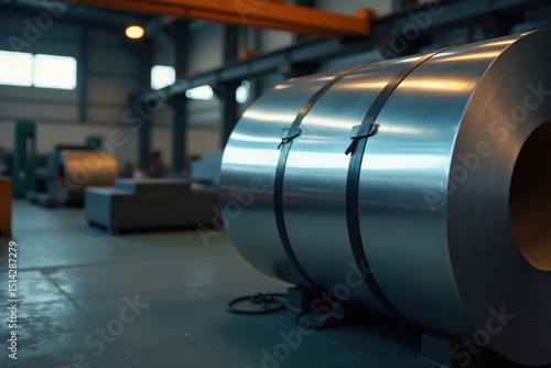 Wallpaper Mural A large coil of gleaming metal rests on a factory floor, secured with sturdy straps, showcasing industrial strength and precision manufacturing. Torontodigital.ca