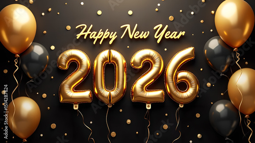 Elegant Happy New Year 2026 Celebration with Golden and Black Balloons