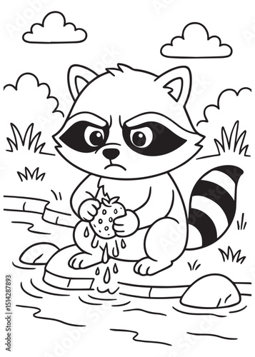 Coloring book raccoon frowns while washing a cookie in a stream, looking displeased with the soggy treat.