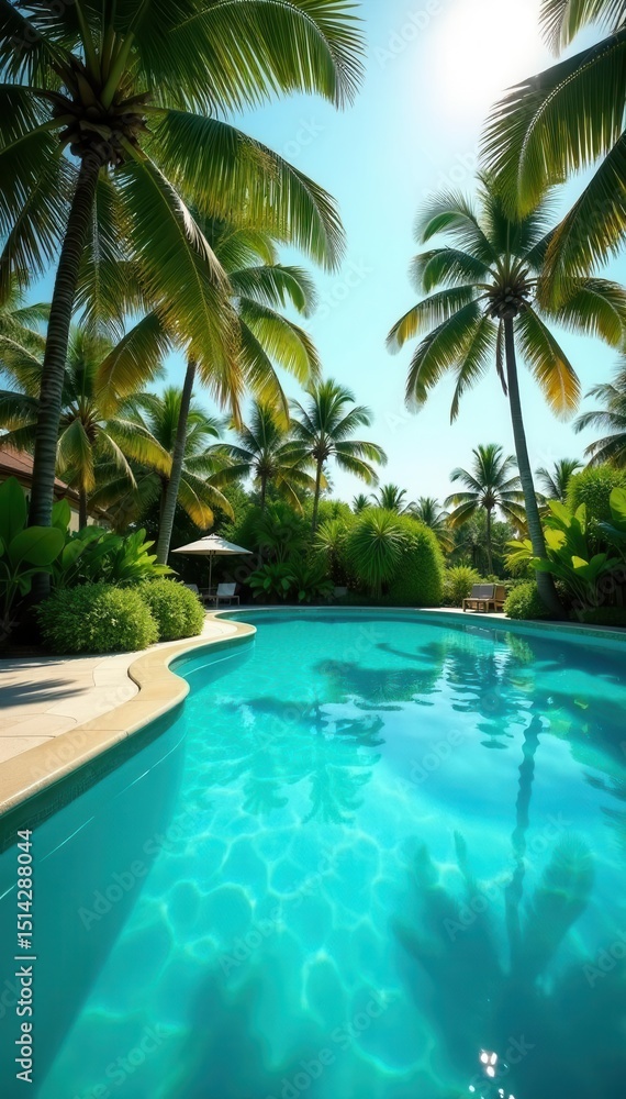 Fototapeta premium Crystal-clear pool, sunlit palms, gentle breeze whispers , luxury, swimming, lush