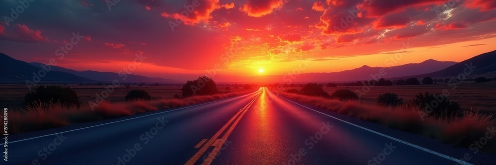 Dark asphalt ribbon unwinds under fiery sunset sky, intense colors , dusk, horizon Dark asphalt ribbon unwinds under fiery sunset sky, intense colors , dusk, horizon