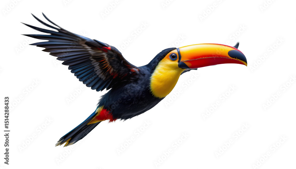 Obraz premium Colorful toucan in flight showcasing vibrant feathers and striking beak against a transparent background