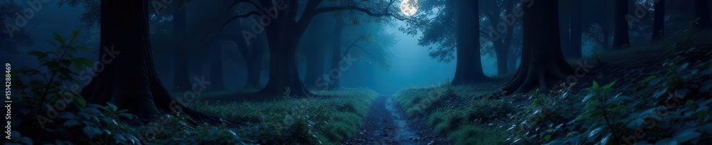 Obraz premium Dark forest path; moonlit canopy, glowing flora, ambience, fantasy