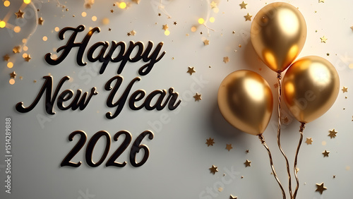 Elegant Happy New Year 2026 Celebration with Golden Balloons and Sparkling Stars