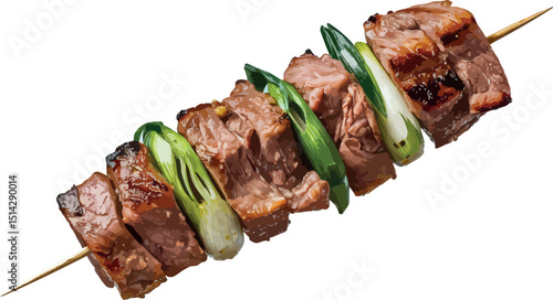 Grilled meat skewers with scallions and bok choy presented isolated on a transparent background