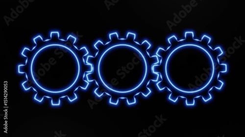 Three Blue Neon Interlocking Gears Spinning in Futuristic Abstract Loop Motion