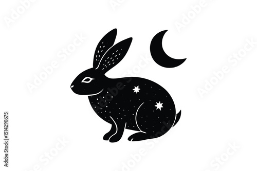 Rabbit resting under moon with peaceful energy lioncut art illustration
