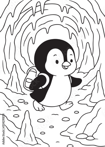 Coloring book penguin wearing a backpack, walking through an ice cave with stalagmites and stalactites.