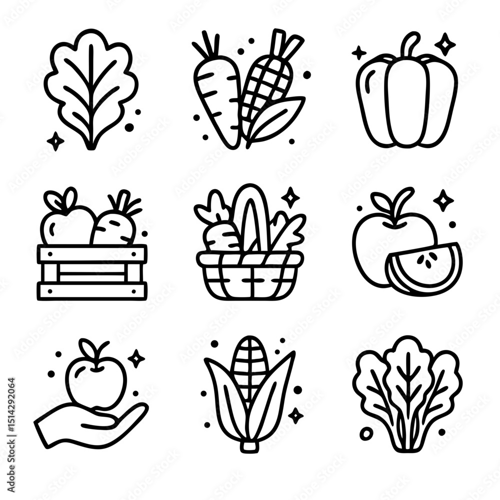 Set of black and white vegetable icons suitable for web design, menus, recipe books, and foodrelated projects. Color customization available. Set of black and white vegetable icons suitable for web design, menus, recipe books, and foodrelated projects. Color customization available.
