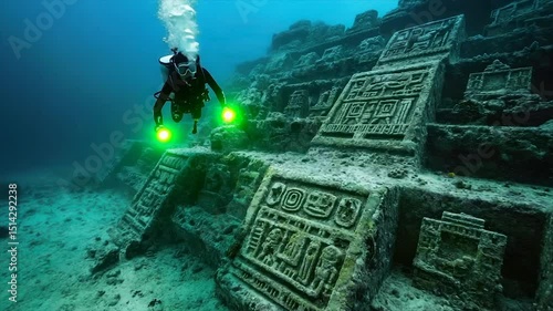 Submerged ancient ruins, underwater exploration.  Diver with lights exploring a submerged Mayan city