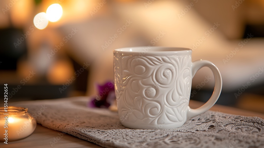 Obraz premium A white coffee mug with intricate steam patterns white lounger blurred in the background