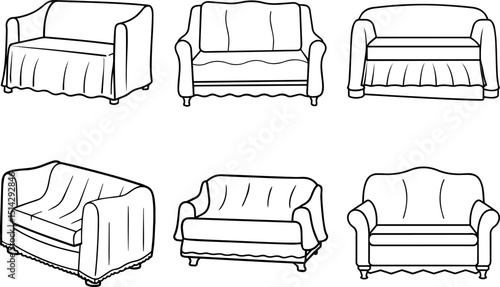 Set of Couch cover black outline vector and illustration, coloring book page