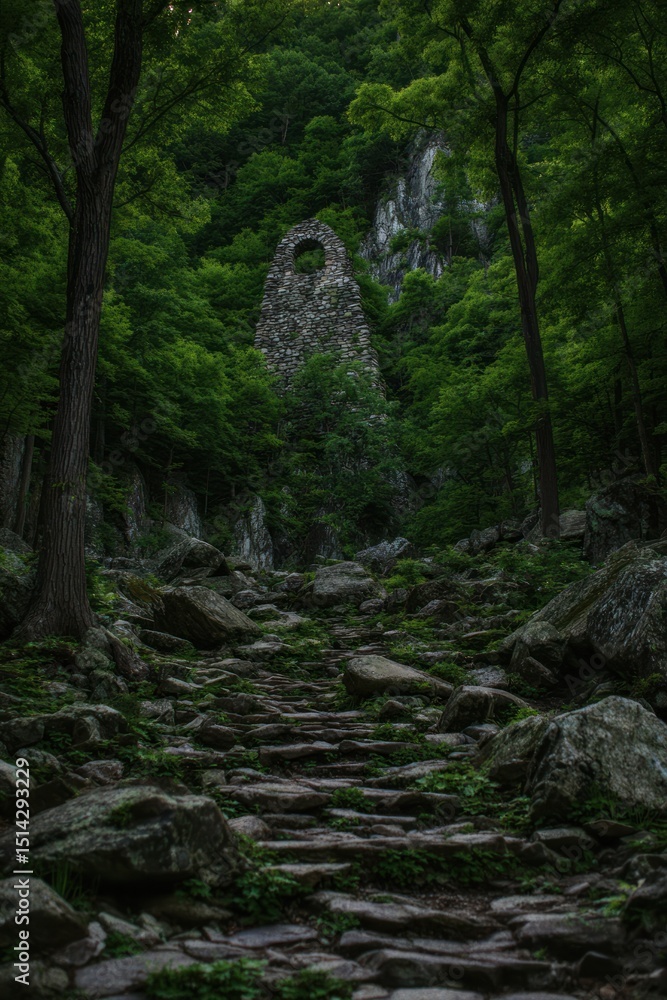 Fototapeta premium Rocky path leading to a stone arch in a lush forest