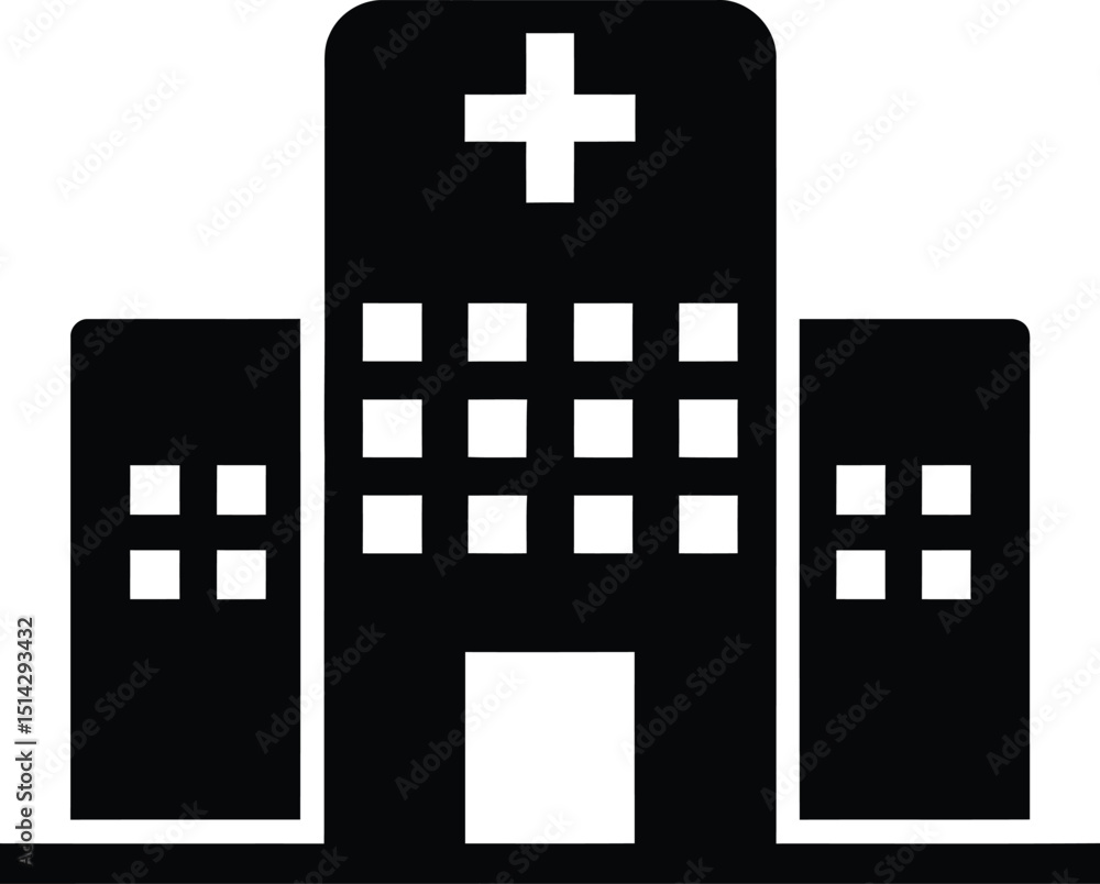 Obraz premium Clean black and white silhouette illustration of a hospital building with a prominent cross symbol healthcare and medical icon vector