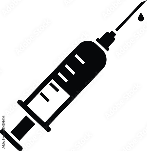 Black and white syringe illustration depicting vaccination medical injection and healthcare concepts against a white background