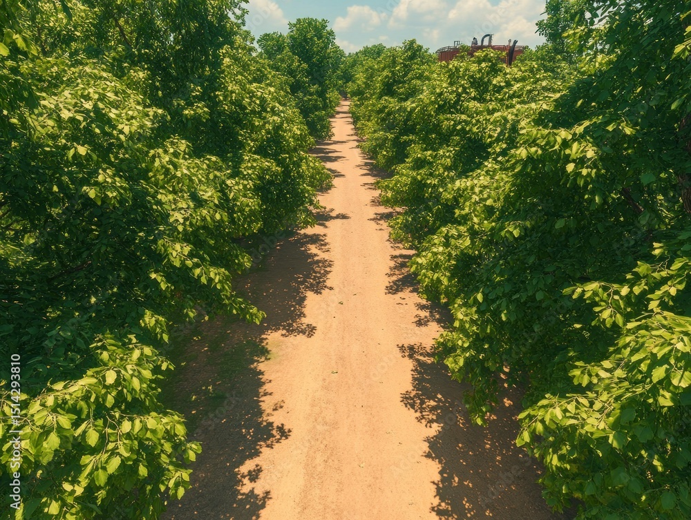 Fototapeta premium Aerial view of a tree-lined path