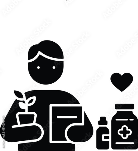 A healthy lifestyle icon featuring a person holding a plant medicine bottles and a heart symbol representing wellness and care