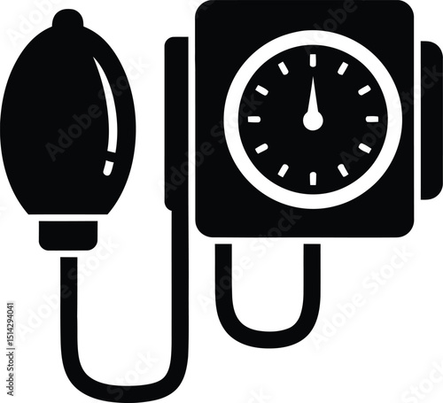 Vector illustration of a black and white medical sphygmomanometer device for measuring blood pressure in healthcare