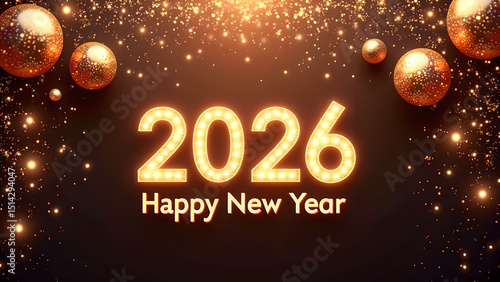 Elegant 2026 Happy New Year celebration background with golden ornaments