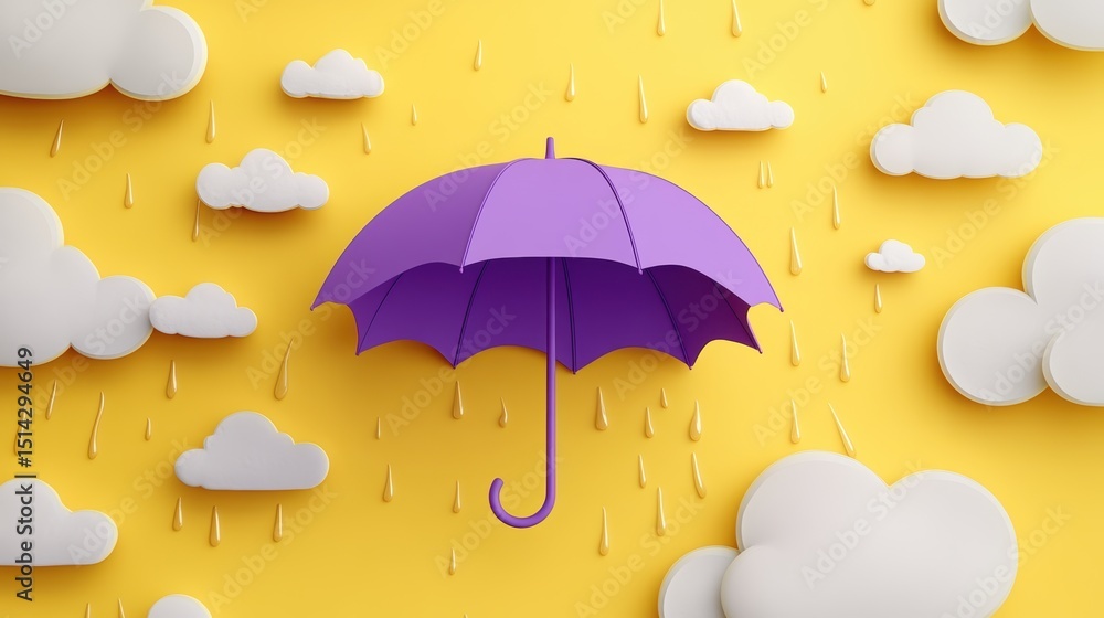 Yellow Umbrella with rain and clouds 3d design on color background,Yellow parasol illustration with thunderstorm,rainny day,Clouds,lightning and raindrops in sky,Monsoon sale,banner template. Yellow Umbrella with rain and clouds 3d design on color background,Yellow parasol illustration with thunderstorm,rainny day,Clouds,lightning and raindrops in sky,Monsoon sale,banner template.