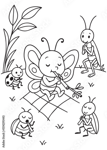 Coloring book butterfly playing a flute on a checkered picnic blanket, surrounded by other insect friends