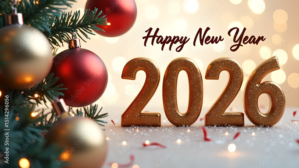 Festive 2026 New Year Celebration with Christmas Tree and Bokeh Lights Background Festive 2026 New Year Celebration with Christmas Tree and Bokeh Lights Background
