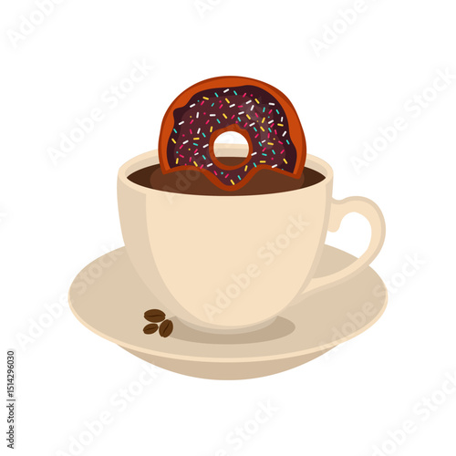 A donut is being dunked into a cup of coffee with coffee beans, vector illustration.
