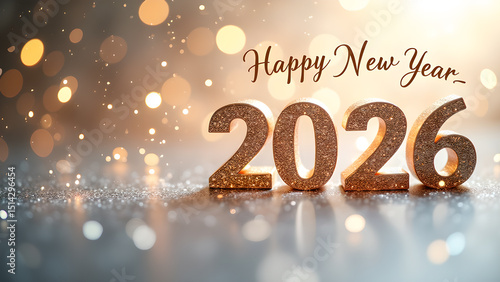 Sparkling new year celebration for 2026 with glittering gold numbers and bokeh lights