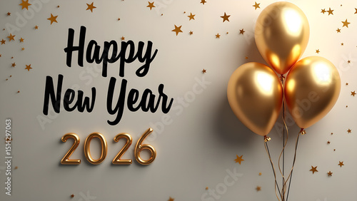Elegant Happy New Year 2026 Celebration with Golden Balloons and Star Confetti