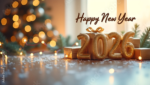 Festive and Sparkling 2026 New Year Celebration with Golden Decorations