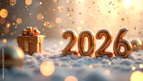 Festive 2026 New Year celebration scene with golden balloons and decorations