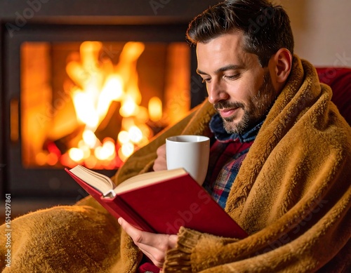 Man reading by fireplace (1)