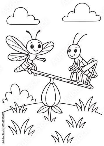 Coloring book dragonfly and grasshopper happily playing on a seesaw made from a flower. 