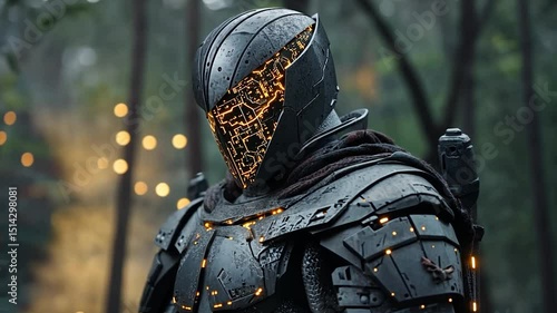 Dark futuristic warrior in illuminated armor stands in a forest.  Intense lighting, dramatic mood