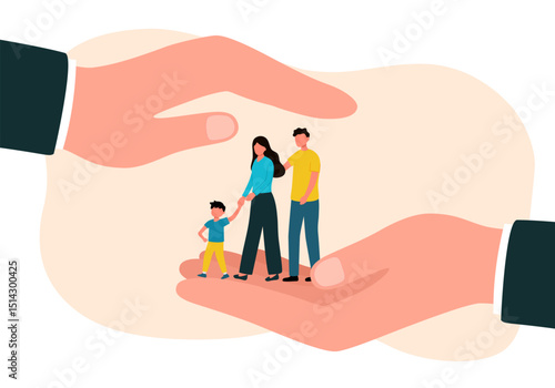 Family safety, life insurance or protection concept, lovely family, parent with son in helping hand palm annd other hand cover above for shelter and protection.