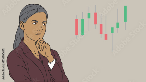A business woman stockbroker or investor is thinking beside a stock chart candlestick