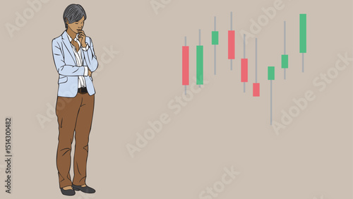 A business woman stockbroker or investor is thinking beside a stock chart candlestick