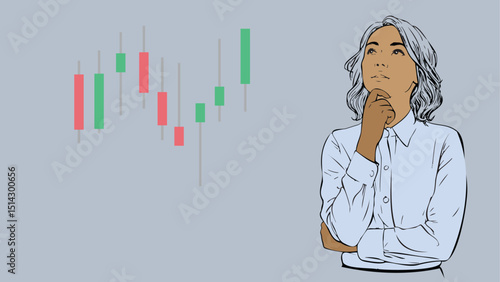 A business woman stockbroker or investor is thinking beside a stock chart candlestick