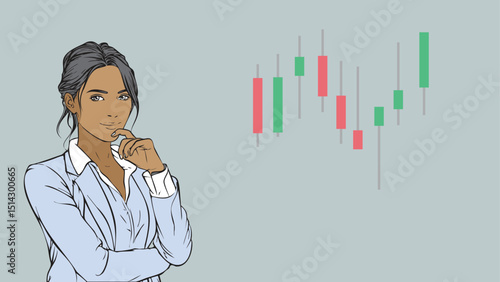 A business woman stockbroker or investor is thinking beside a stock chart candlestick