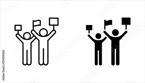 Protest icon set, Political protest. Public opinion. Protesters with banners. Demonstration, vector illustration on white background
