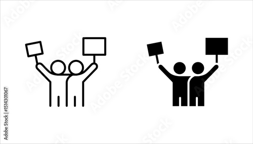 Protest icon set, Political protest. Public opinion. Protesters with banners. Demonstration, vector illustration on white background