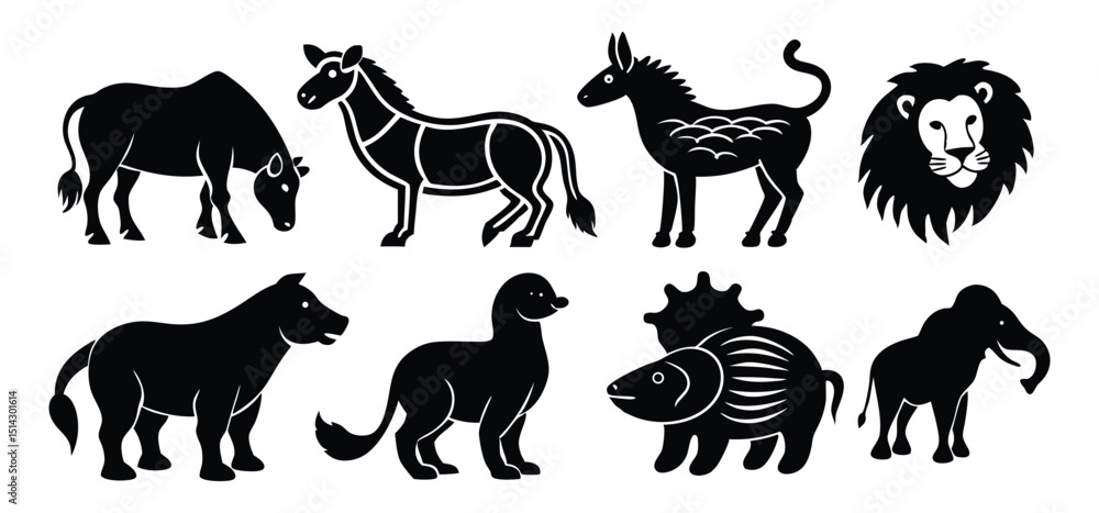 Fototapeta premium A collection of simplified black and white animal silhouettes representing wildlife and zoo creatures in vector illustration