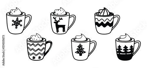 Black and white decorative illustrations of holiday themed coffee mugs adorned with whipped cream and festive christmas designs