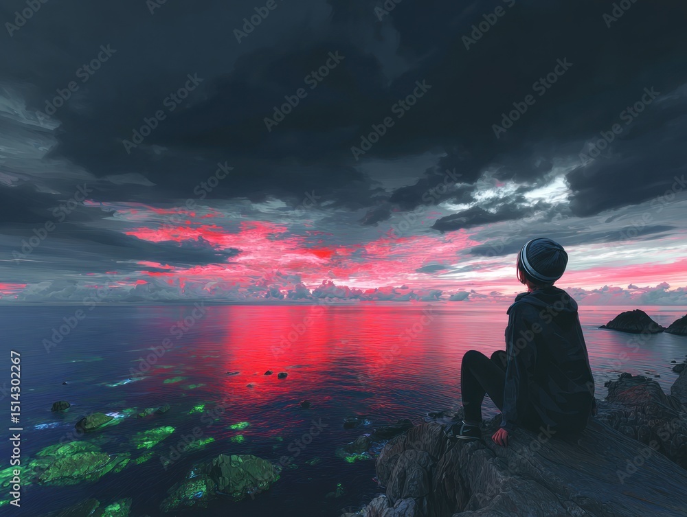 Obraz premium Person contemplating sunset over sea