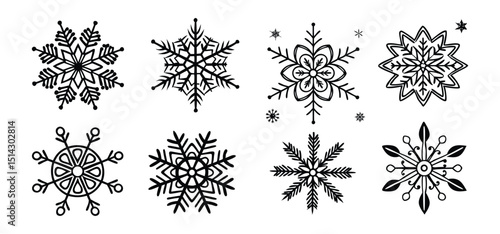 Vector illustration featuring an array of hand drawn snowflakes suitable for winter season and holiday design projects
