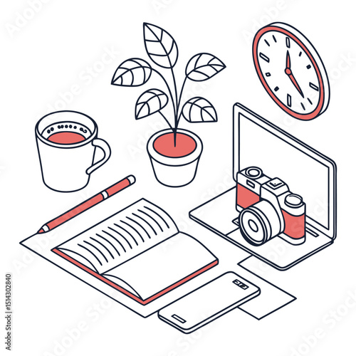 Productivity Setup Laptop, Camera, Notebook, Plant, and Coffee for a Focused Workspace