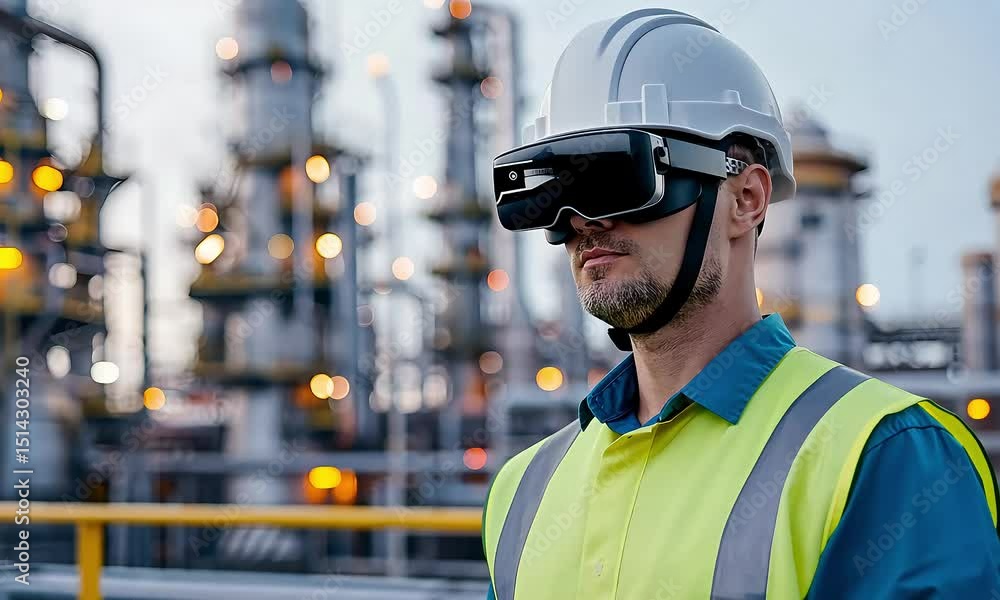 Man in hardhat VR headset near refinery wearing safety vest shirt Lights bokeh in background Man in hardhat VR headset near refinery wearing safety vest shirt Lights bokeh in background