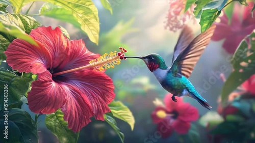 Vibrant hummingbird feeding on hibiscus flower in lush garden